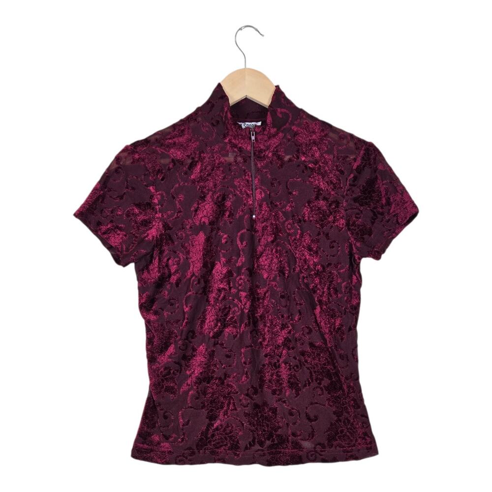 VTG Jazz Sport Burnout Velvet Top sz M* Burgandy Dark Romantic Boho Fairy Grunge